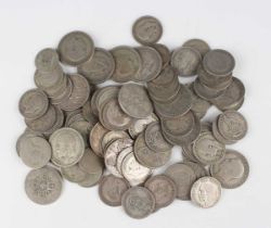 A collection of pre-1947 British silver nickel coinage, including florins, shillings and sixpences.