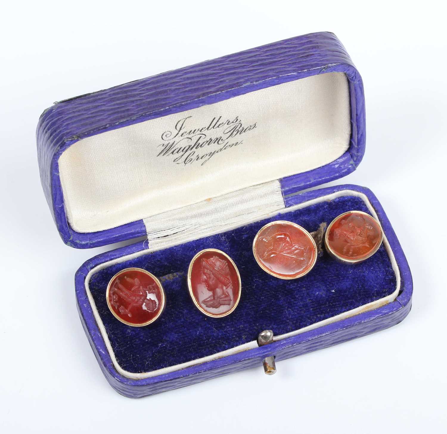 A pair of gold and cornelian intaglio oval cufflinks, each carved with a classical motif, - Image 5 of 6