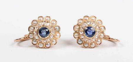 A pair of French gold, sapphire, diamond and half-pearl cluster earrings, each collet set with a