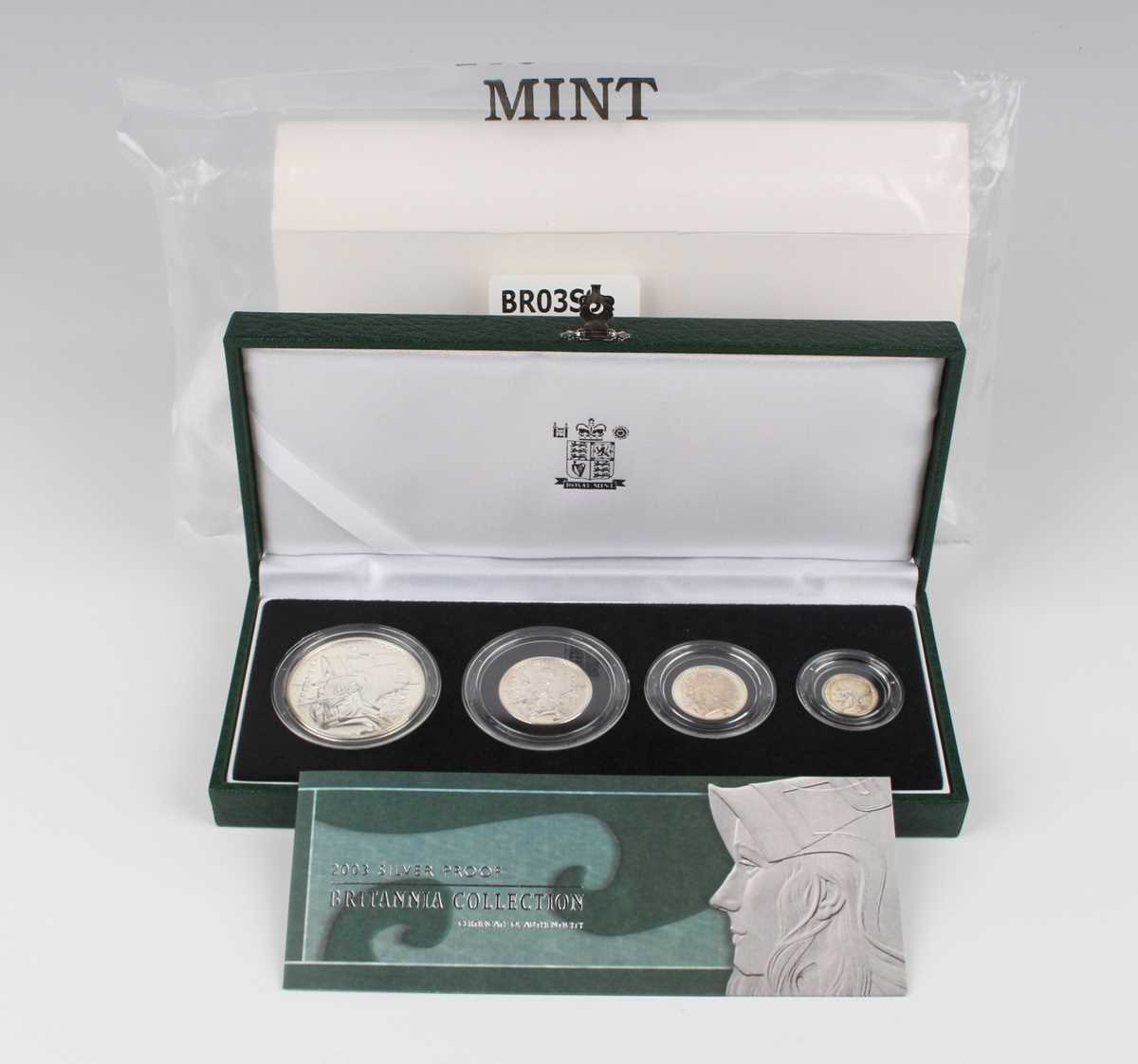 An Elizabeth II Royal Mint silver proof Britannia four-coin set 2003, boxed with certificate