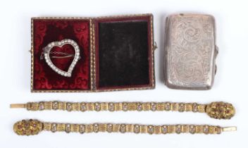 A pair of Victorian gilt metal and red paste bracelets, length 20.5cm, a colourless paste set