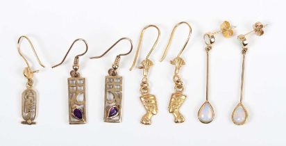 A pair of gold and opal two stone pendant earrings, detailed ‘9K’, weight excluding butterflies