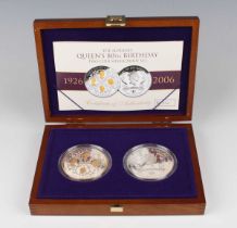 An Elizabeth II Royal Mint Alderney silver proof two-coin set celebrating HM The Queen's 80th