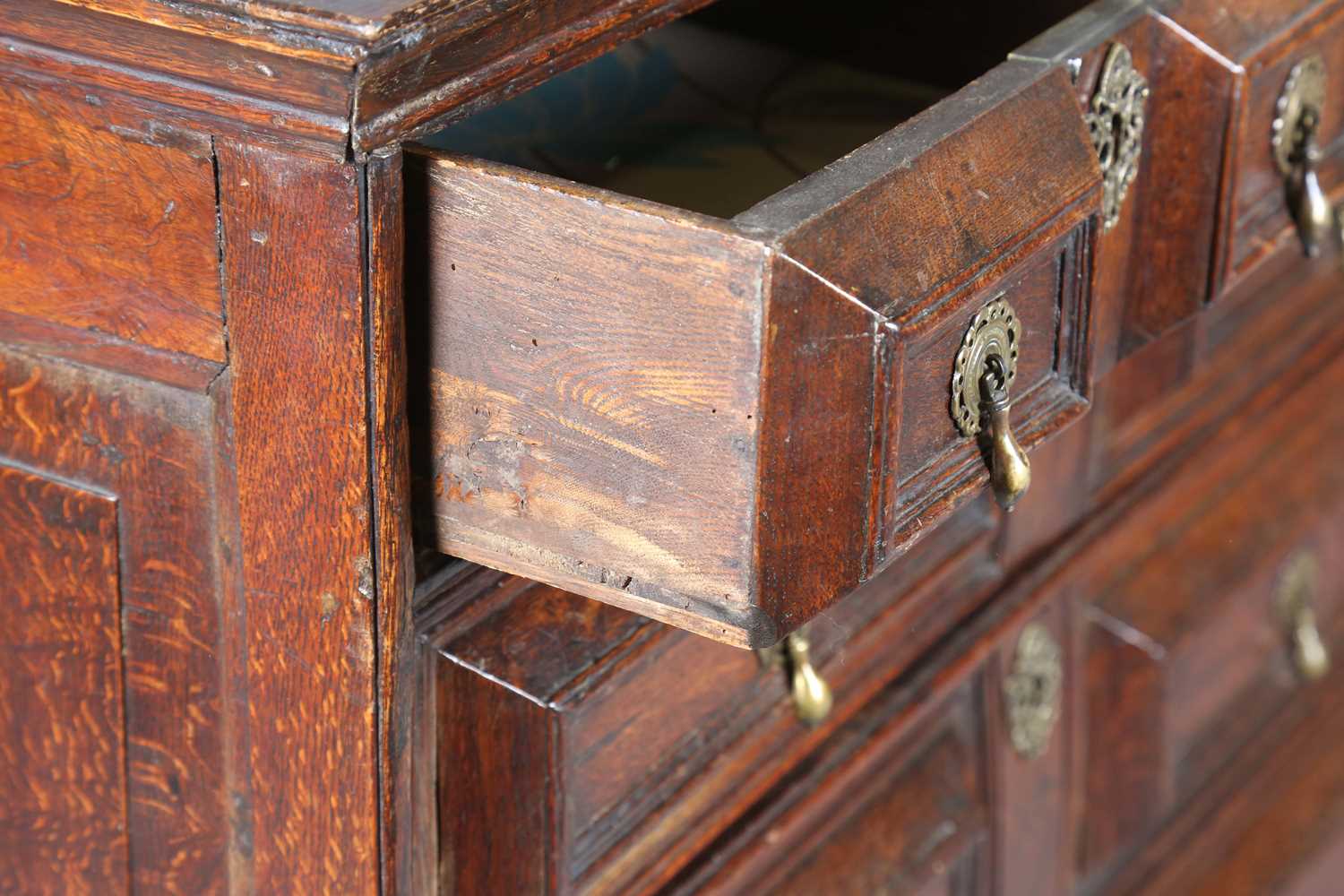 A William and Mary oak chest of two short and three long drawers, all with deep geometric - Image 3 of 8