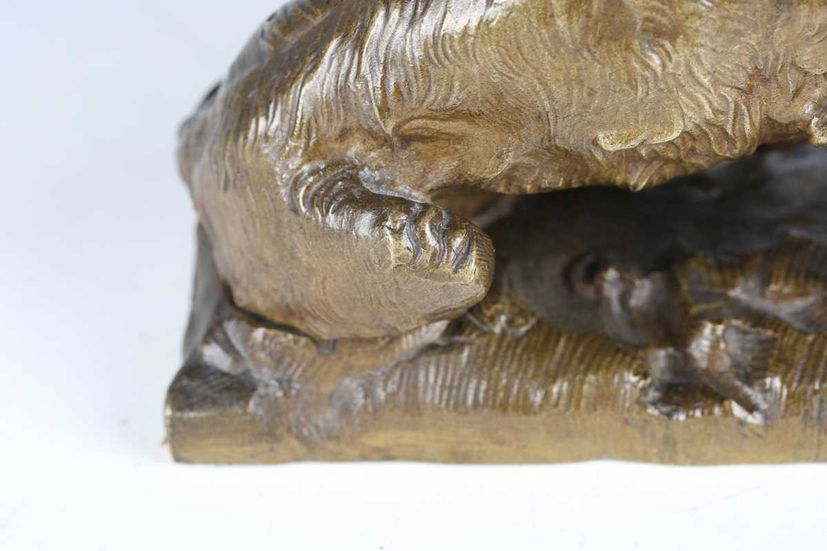 A late 19th century Continental green patinated cast bronze model of a barking dog, raised on a - Image 12 of 16