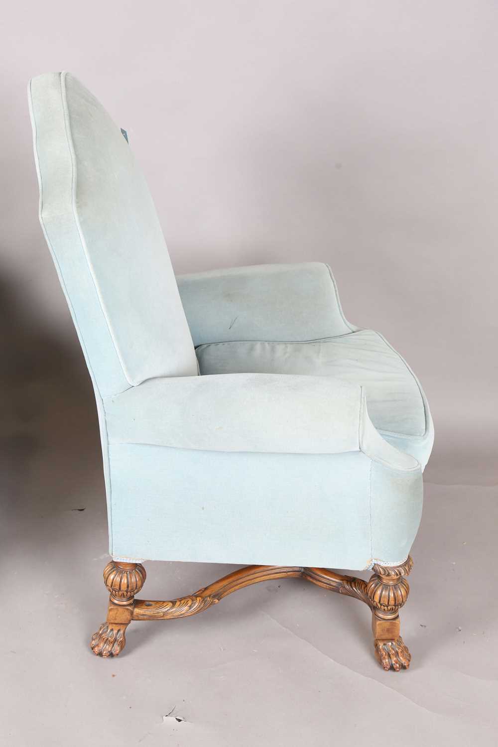 A pair of early 20th century Baroque Revival lady's and gentleman's armchairs, both raised on carved - Image 12 of 17