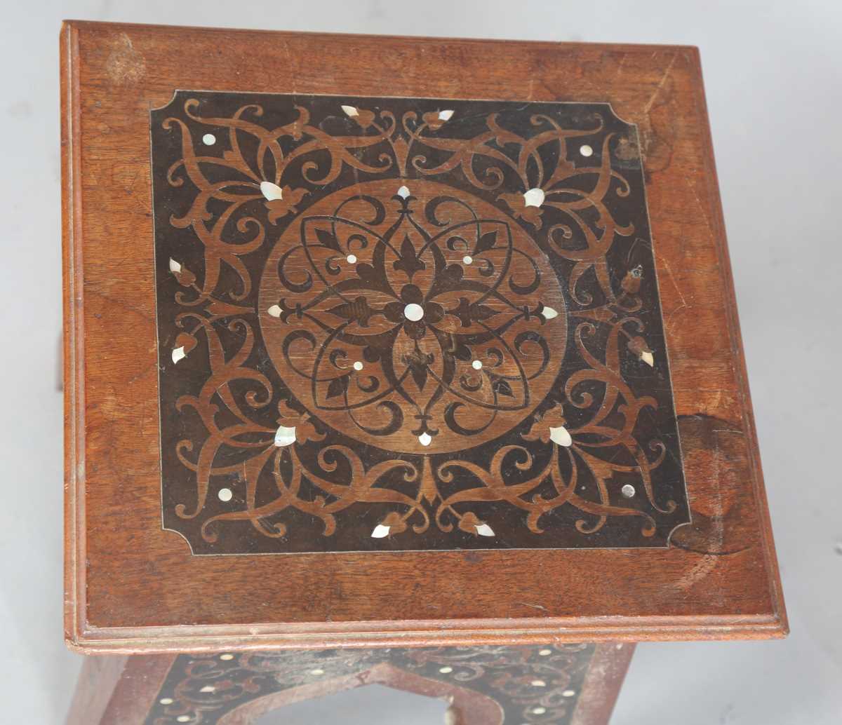 An early 20th century Continental Art Nouveau walnut square occasional table, the top and arched - Image 2 of 11