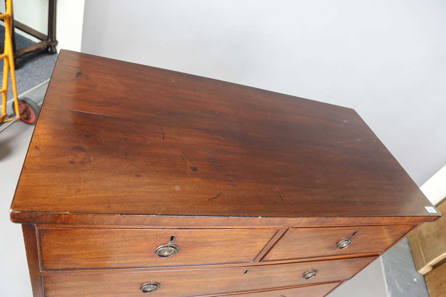A George III mahogany chest of drawers, on splayed bracket feet, height 107cm, width 104cm, depth - Image 2 of 8