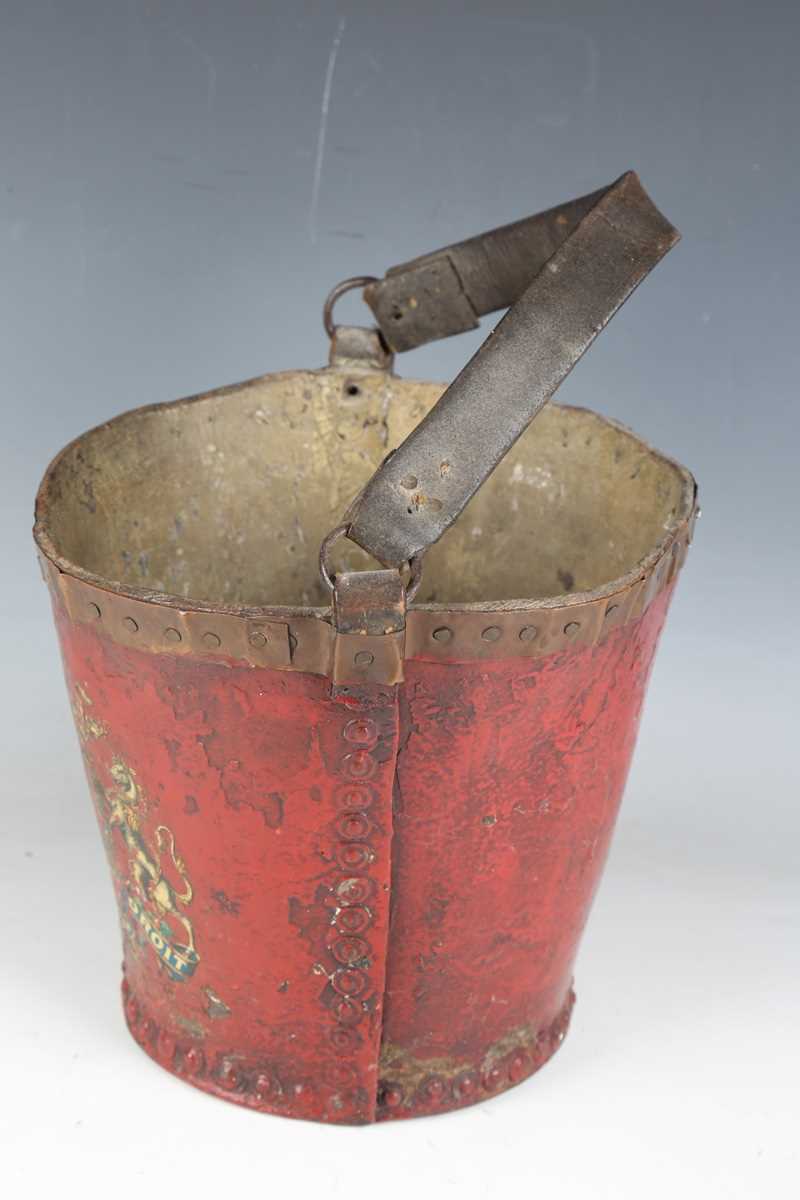 A late 18th/19th century painted leather fire bucket with strap handle and transfer printed royal - Image 4 of 8