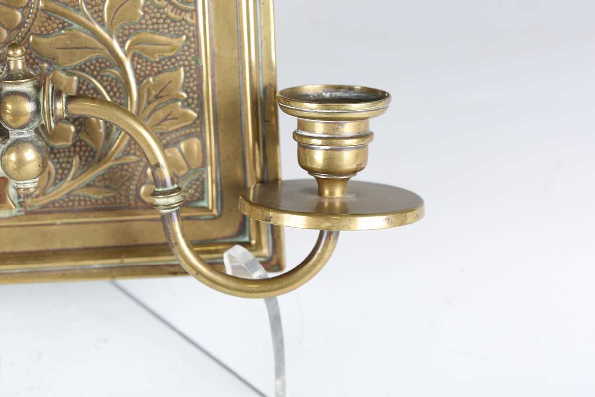 A late Victorian Aesthetic Movement brass three-light wall sconce, in the manner of Bruce Talbert, - Image 7 of 8