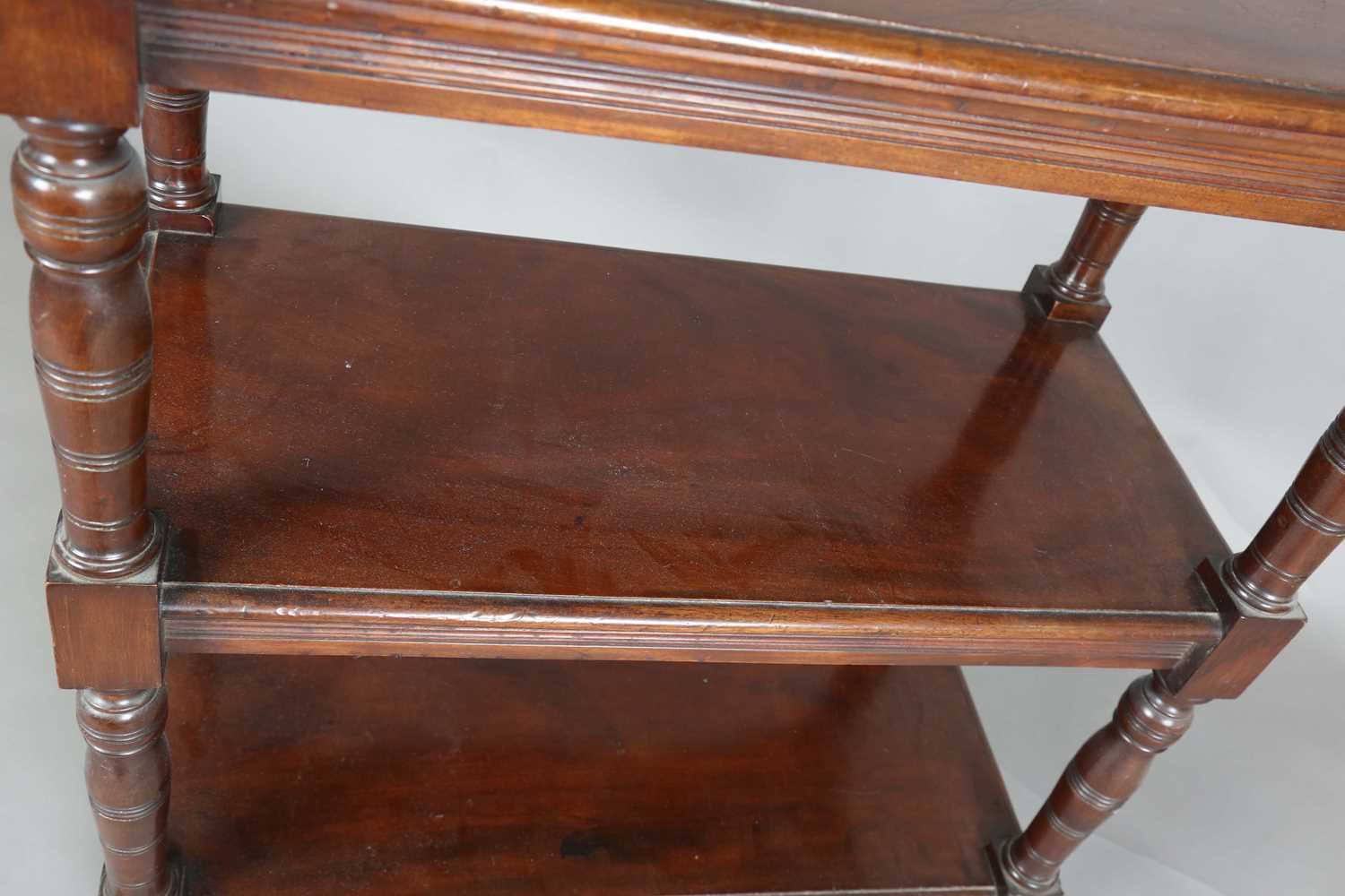 A late Victorian mahogany three-tier whatnot with ring turned legs and castors, height 92cm, width - Image 3 of 9
