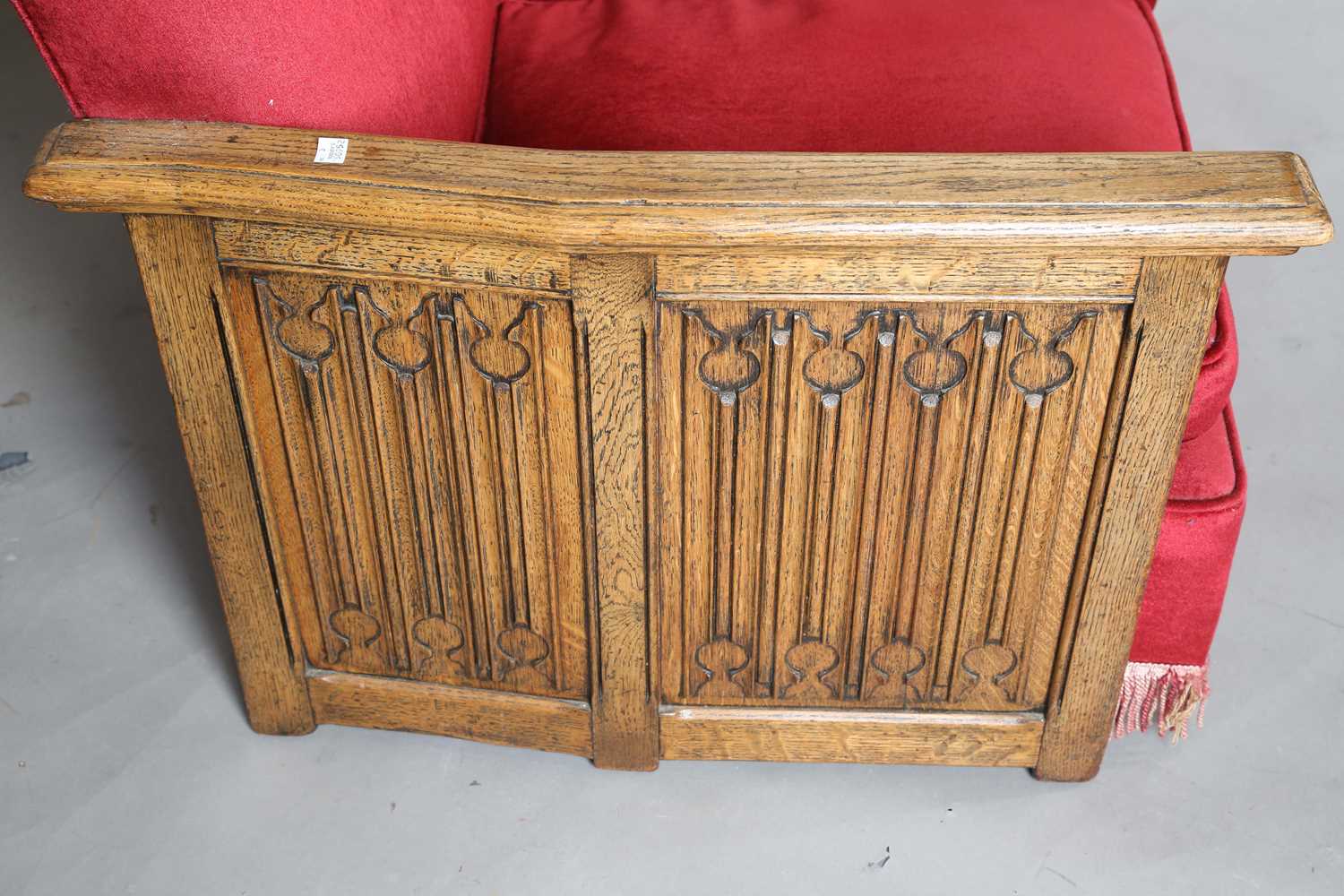 An early 20th century oak-sided two-seat settee, the sides carved with linenfold panels, height - Image 4 of 7