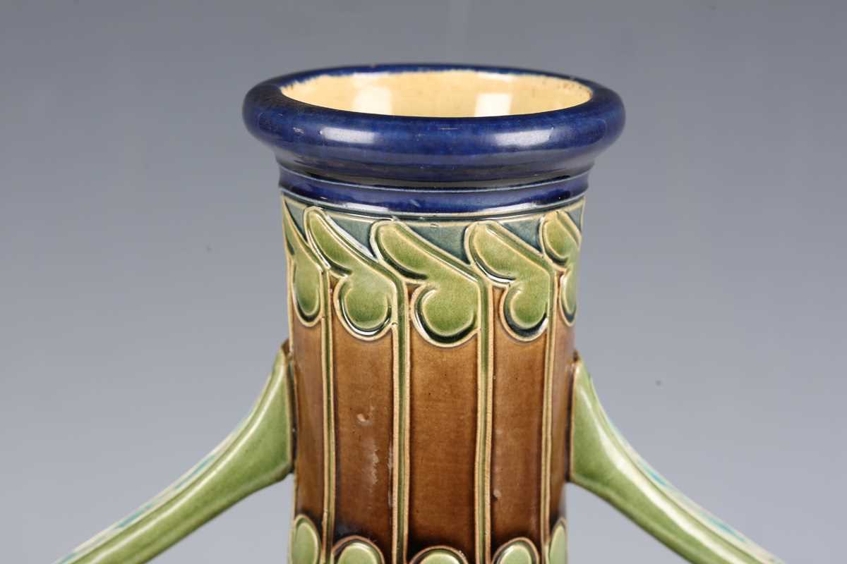 A Burmantofts Faience pottery twin-handled vase, circa 1900, the bulbous body decorated with - Image 2 of 12