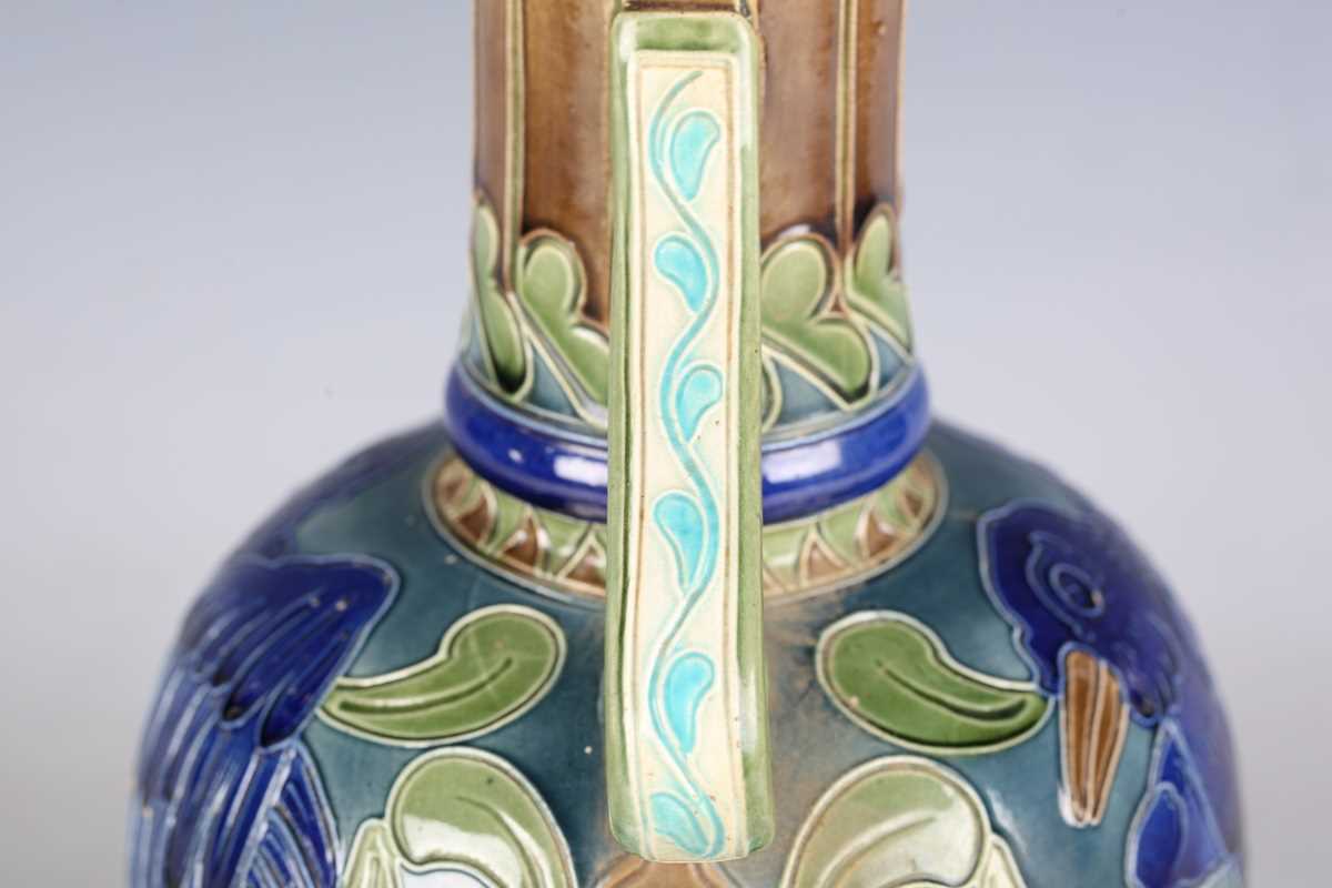 A Burmantofts Faience pottery twin-handled vase, circa 1900, the bulbous body decorated with - Image 8 of 12