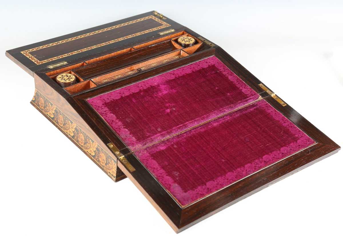 A mid-Victorian Tunbridge ware writing box, the double-hinged lid with a mosaic view of a castle - Image 9 of 17