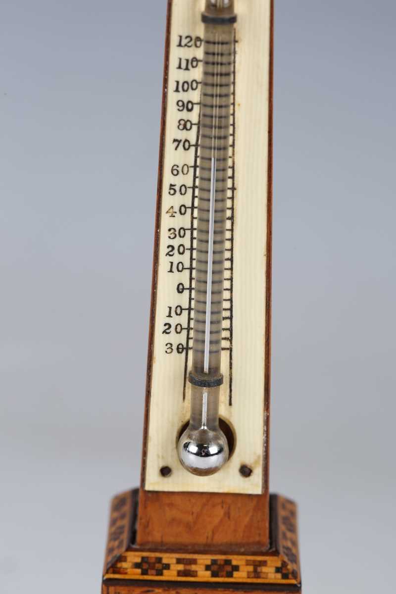 A Victorian Tunbridge ware desk thermometer of obelisk form, raised on a stepped square base, height - Image 3 of 14