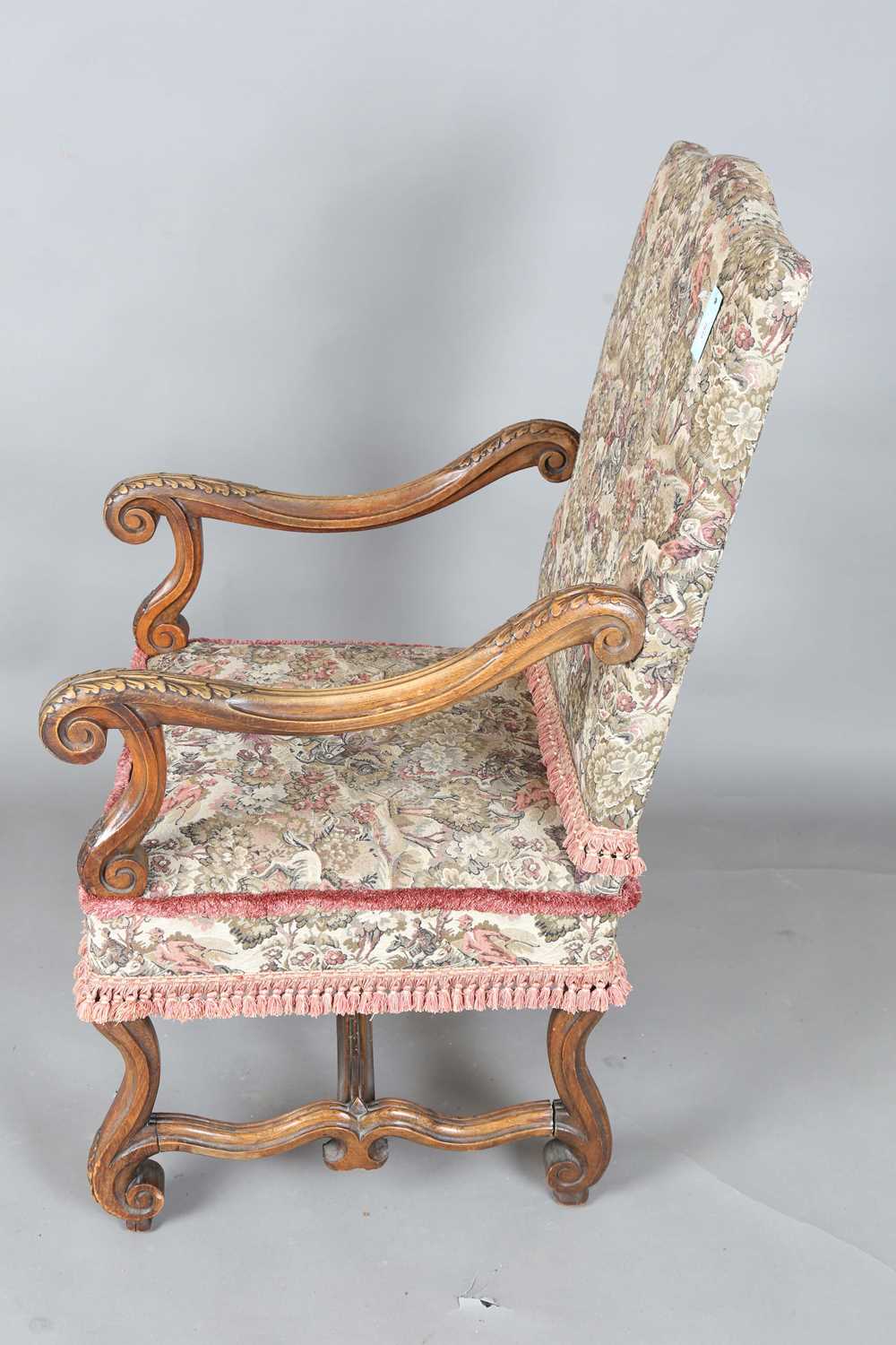 A late 19th century French Baroque Revival walnut framed armchair, upholstered in machined tapestry, - Image 12 of 14