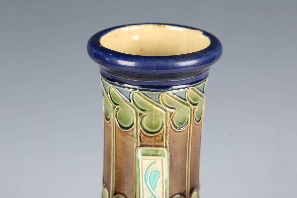 A Burmantofts Faience pottery twin-handled vase, circa 1900, the bulbous body decorated with - Image 7 of 12