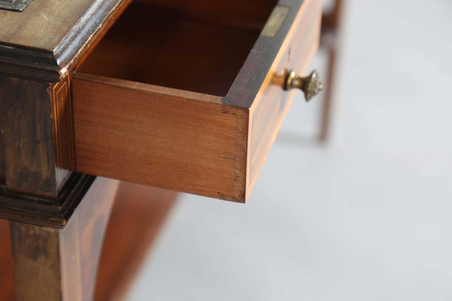An Edwardian mahogany and satinwood crossbanded writing table, the frieze back fitted with - Image 6 of 11