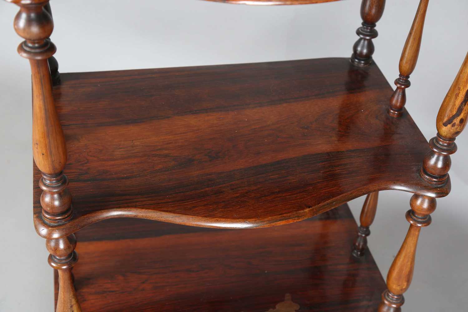 A Victorian rosewood serpentine-fronted four-tier whatnot, height 125cm, width 56cm, depth 36cm. - Image 6 of 12