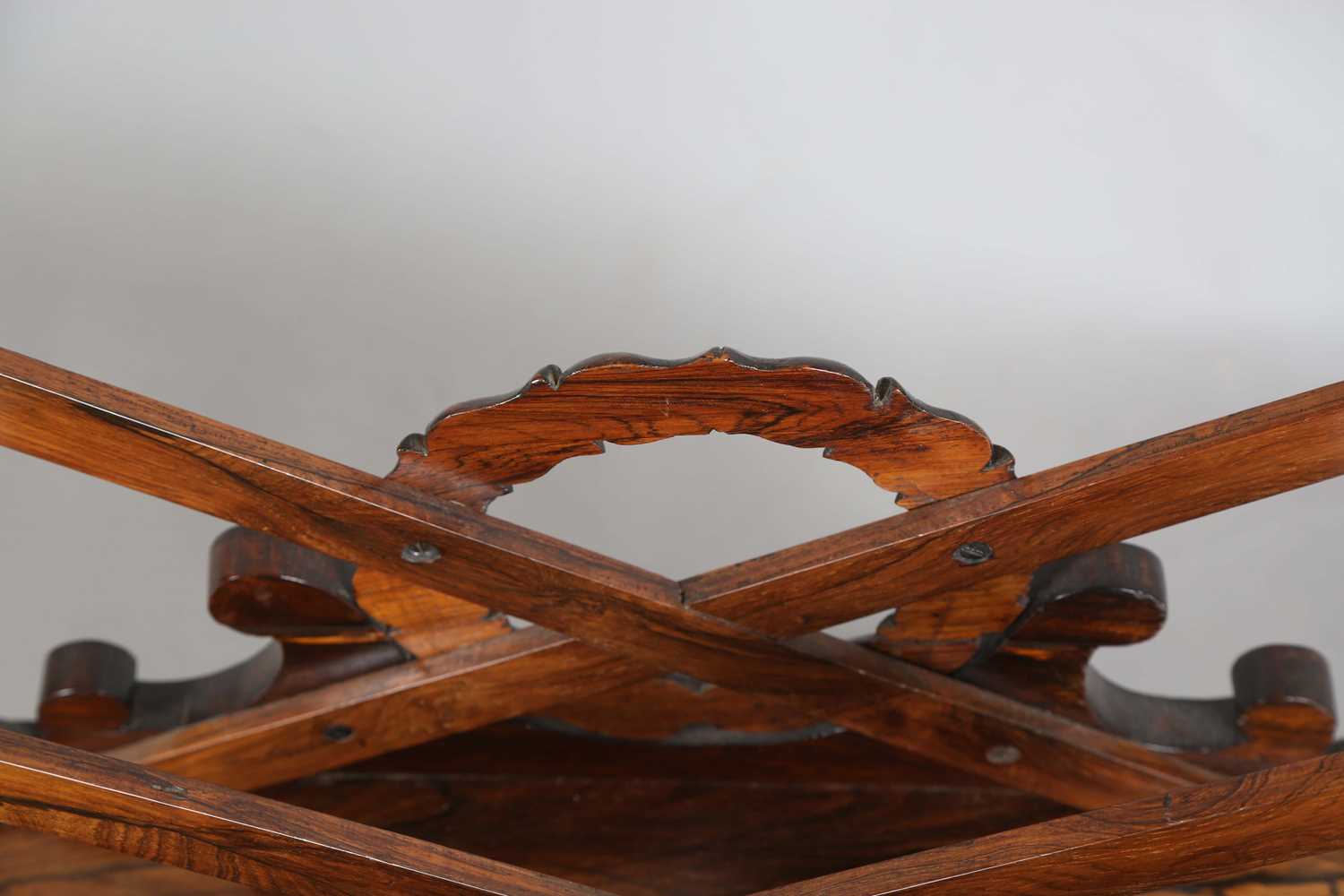 A Regency rosewood three-division Canterbury with bellflower wreath mounts above two drawers - Image 4 of 9
