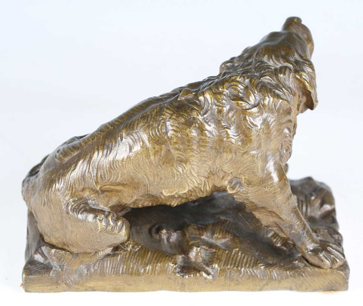 A late 19th century Continental green patinated cast bronze model of a barking dog, raised on a - Image 10 of 16