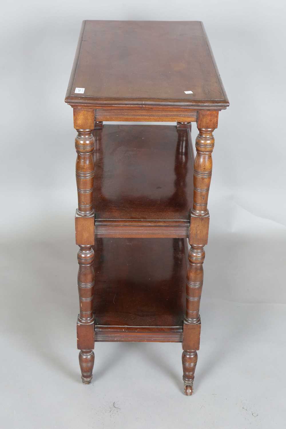 A late Victorian mahogany three-tier whatnot with ring turned legs and castors, height 92cm, width - Image 9 of 9