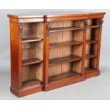 A Victorian mahogany breakfront three-section open bookcase, on a plinth base, height 118cm, width