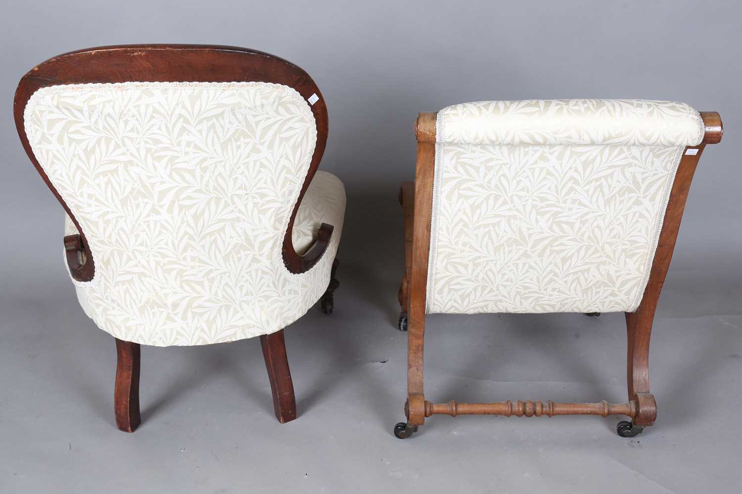 A Victorian walnut showframe balloon back salon chair, upholstered in cream damask, height 86cm, - Image 13 of 14