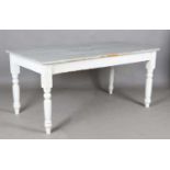 A Victorian painted pine kitchen table, raised on turned legs, height 71cm, length 153cm, depth