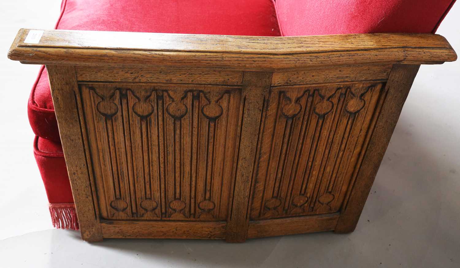 An early 20th century oak-sided two-seat settee, the sides carved with linenfold panels, height - Image 5 of 7