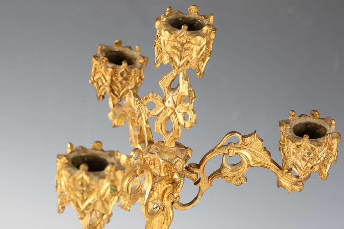 A pair of late 19th century French Gothic Revival cast ormolu four-light candelabra, each stem - Image 2 of 15