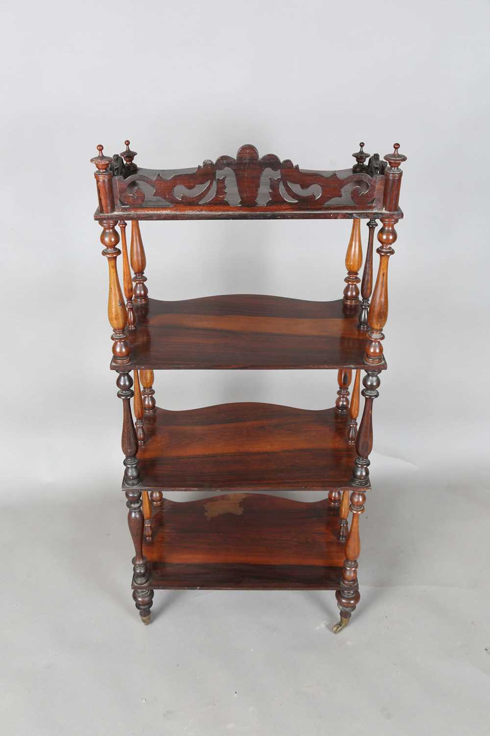 A Victorian rosewood serpentine-fronted four-tier whatnot, height 125cm, width 56cm, depth 36cm. - Image 11 of 12