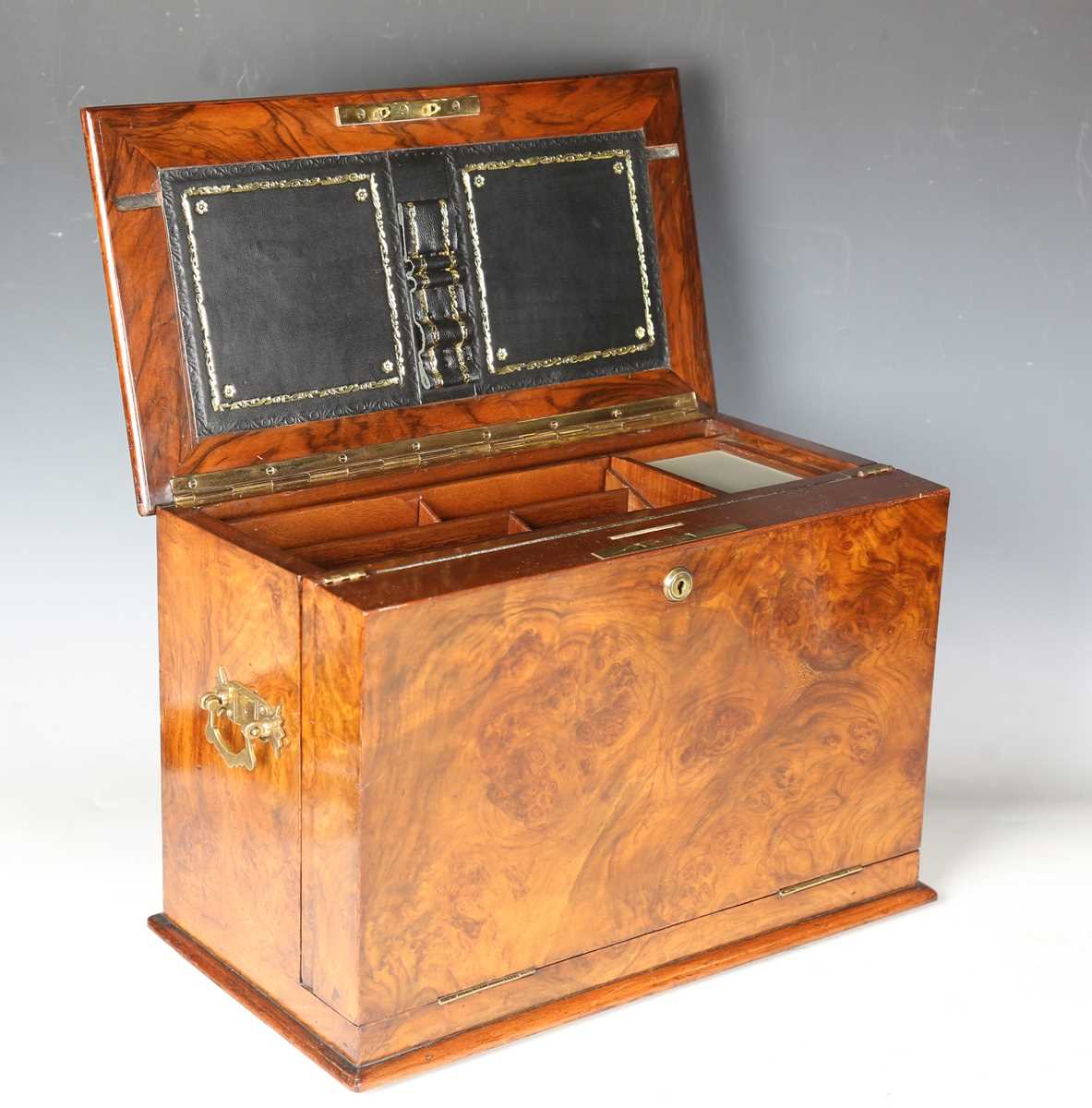 A Victorian burr walnut stationery cabinet writing box by Parkins & Gotto of London, the hinged - Image 10 of 16