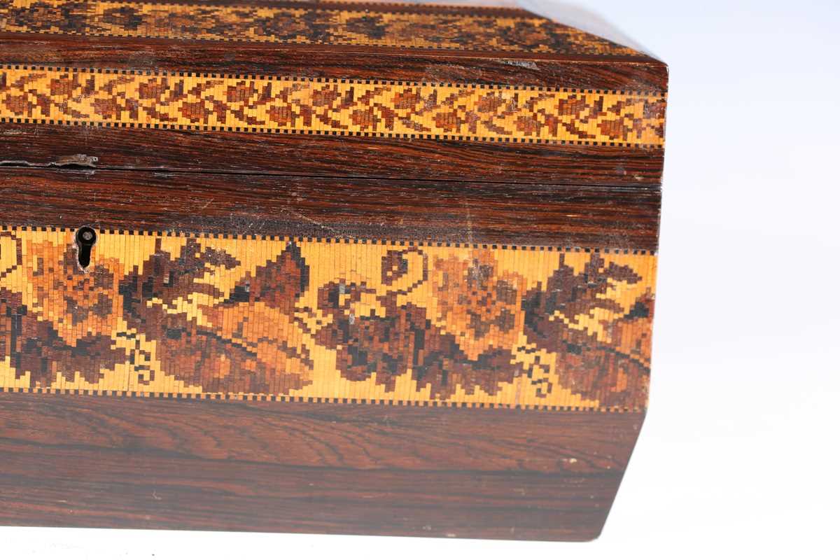 A Victorian Tunbridge ware rosewood tea caddy of sarcophagus form, the hinged lid with a geometric - Image 13 of 20