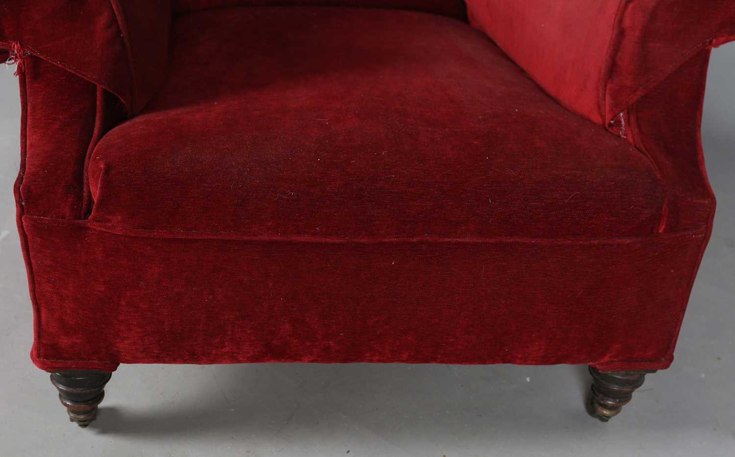 A late Victorian wing back armchair, upholstered in claret velour, height 95cm, width 84cm, depth - Image 7 of 12