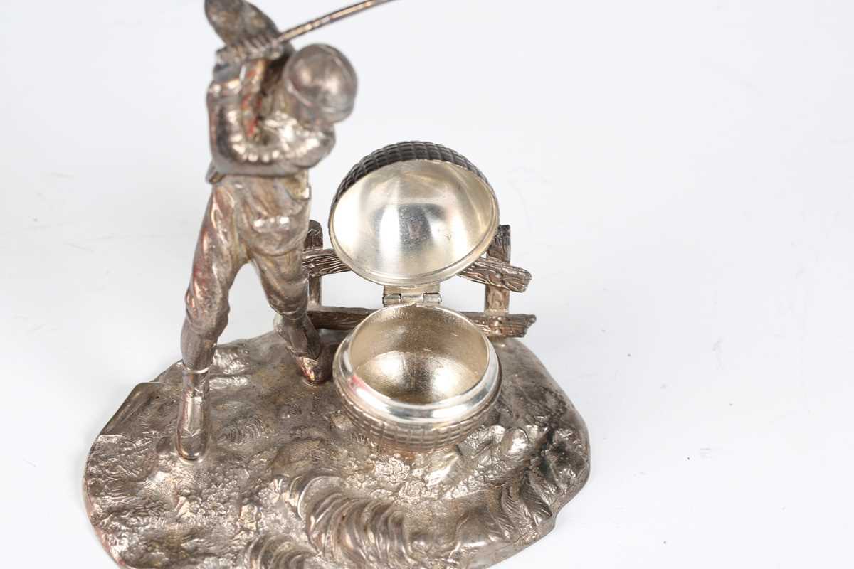 A 20th century plated cast metal novelty inkwell in the form of a golfer in full swing, height 13cm, - Image 9 of 12