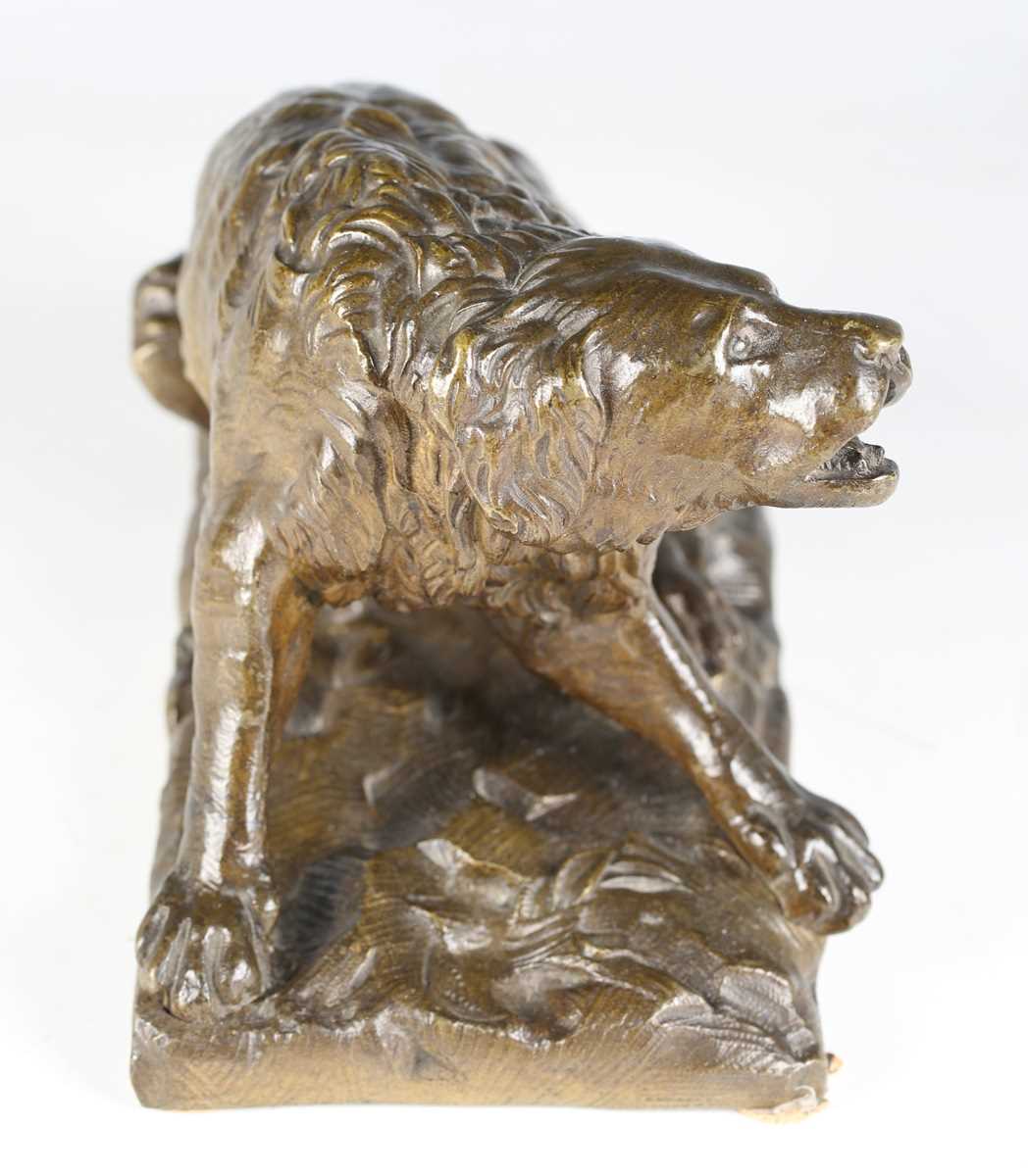 A late 19th century Continental green patinated cast bronze model of a barking dog, raised on a - Image 13 of 16