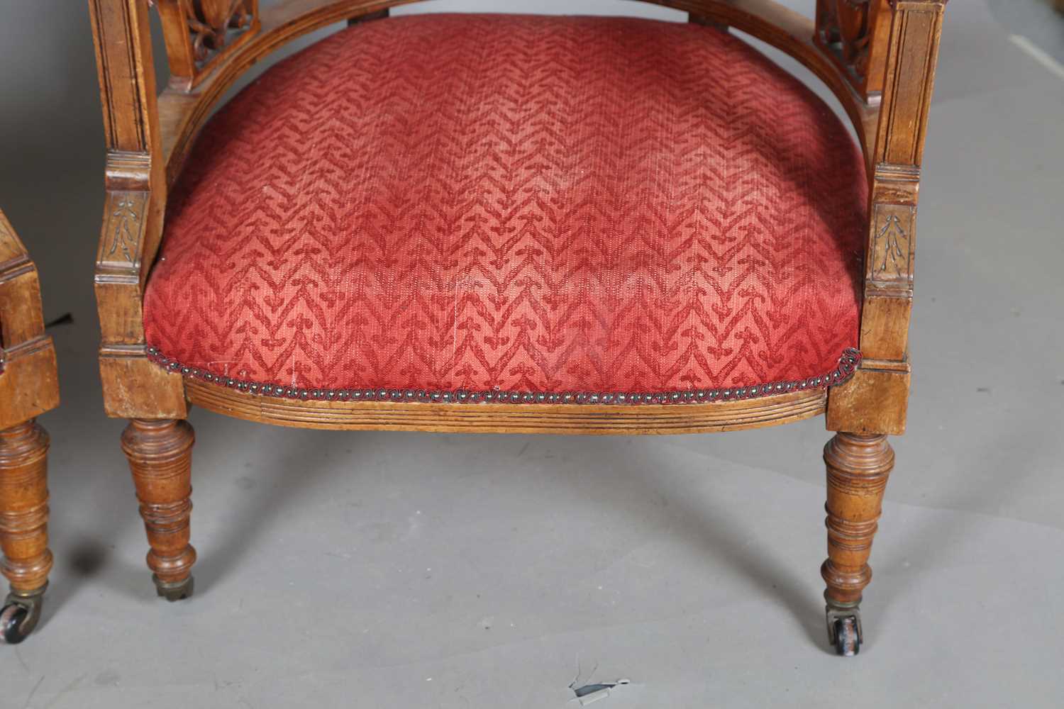 A pair of late Victorian Aesthetic Movement walnut framed tub back salon chairs, height 75cm, - Image 6 of 12