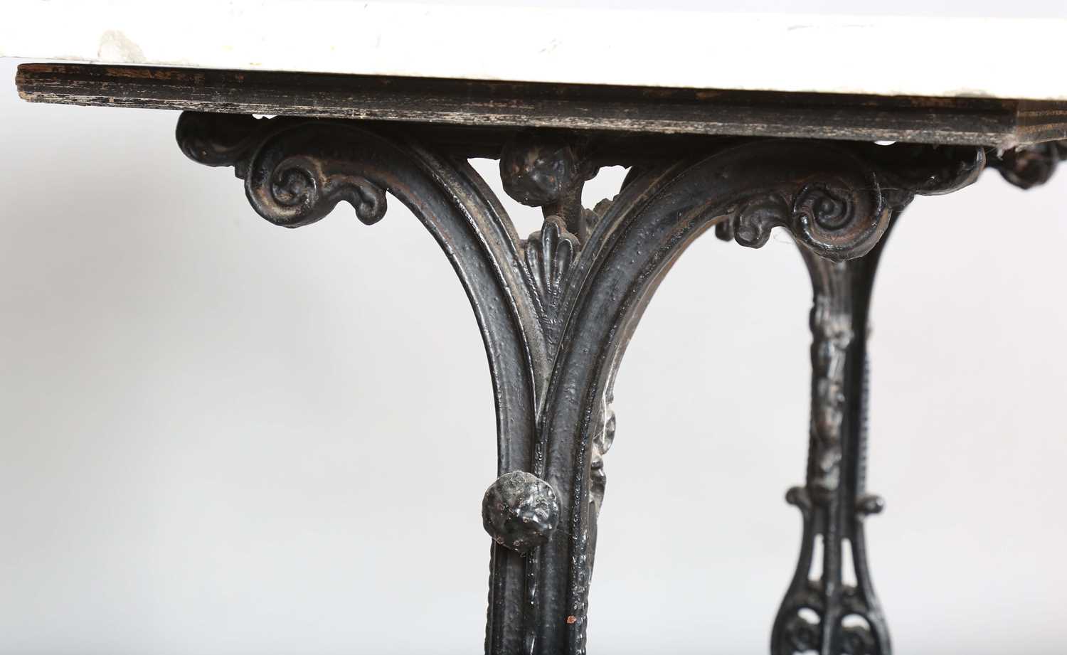 A late 19th century cast iron bistro table with a rectangular white marble top, height 76cm, - Image 3 of 8