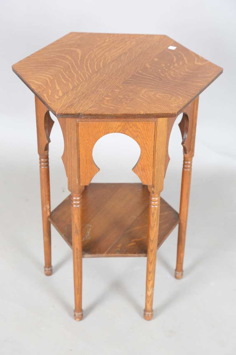 An Edwardian Arts and Crafts oak hexagonal occasional table, possibly by Liberty & Co, the Moorish - Image 5 of 8