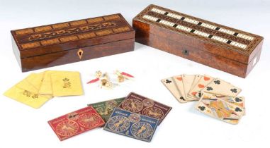 A Victorian Tunbridge ware games box with cribbage board lid, the interior with four gilt-tooled