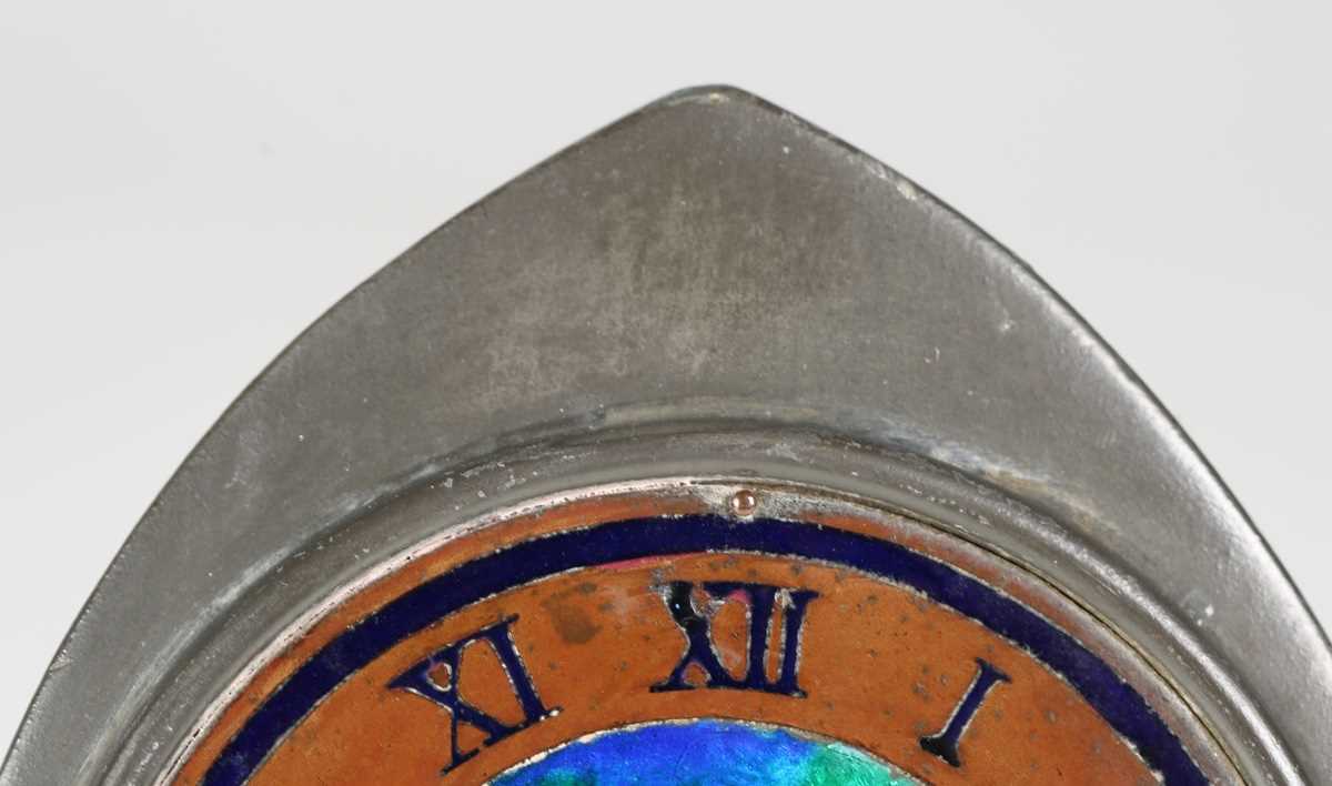 A Liberty & Co 'Tudric' pewter timepiece, model number '0975', the lancet arched front with a blue/ - Image 3 of 9