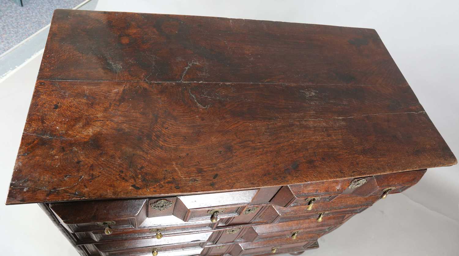 A William and Mary oak chest of two short and three long drawers, all with deep geometric - Image 2 of 8