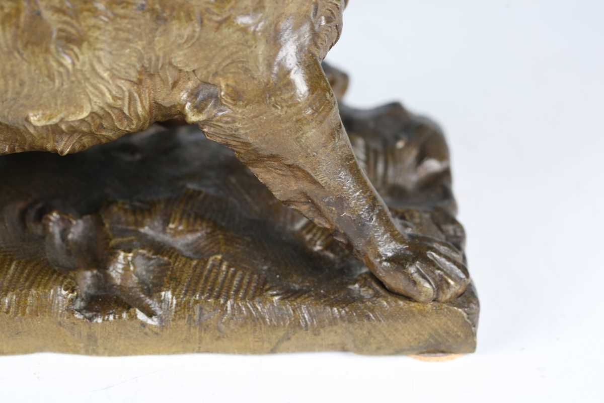 A late 19th century Continental green patinated cast bronze model of a barking dog, raised on a - Image 11 of 16