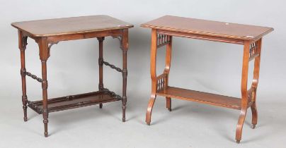 A late Victorian walnut two-tier occasional table, on ring turned legs, height 68cm, width 70cm,