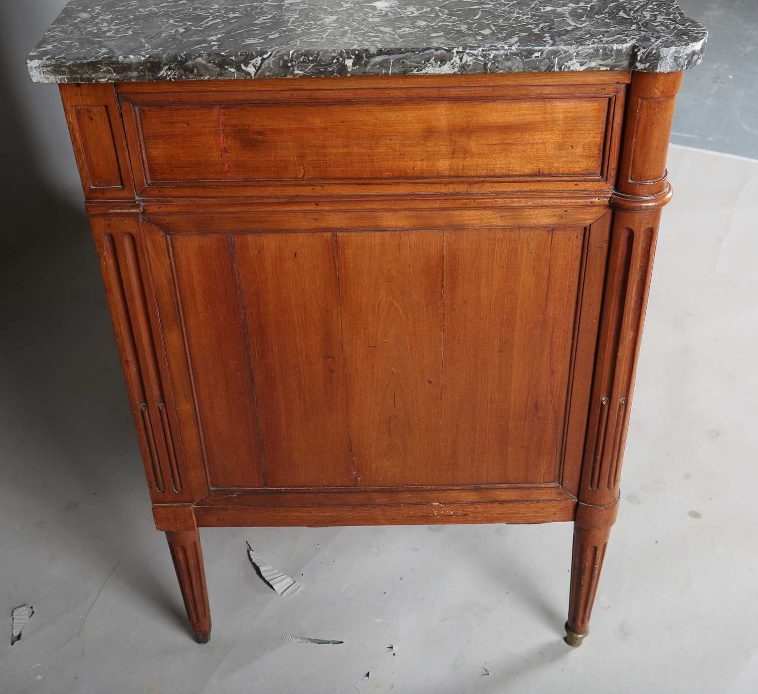 A late 18th century French Louis XVI period fruitwood five-drawer commode with a dark grey marble - Image 6 of 8