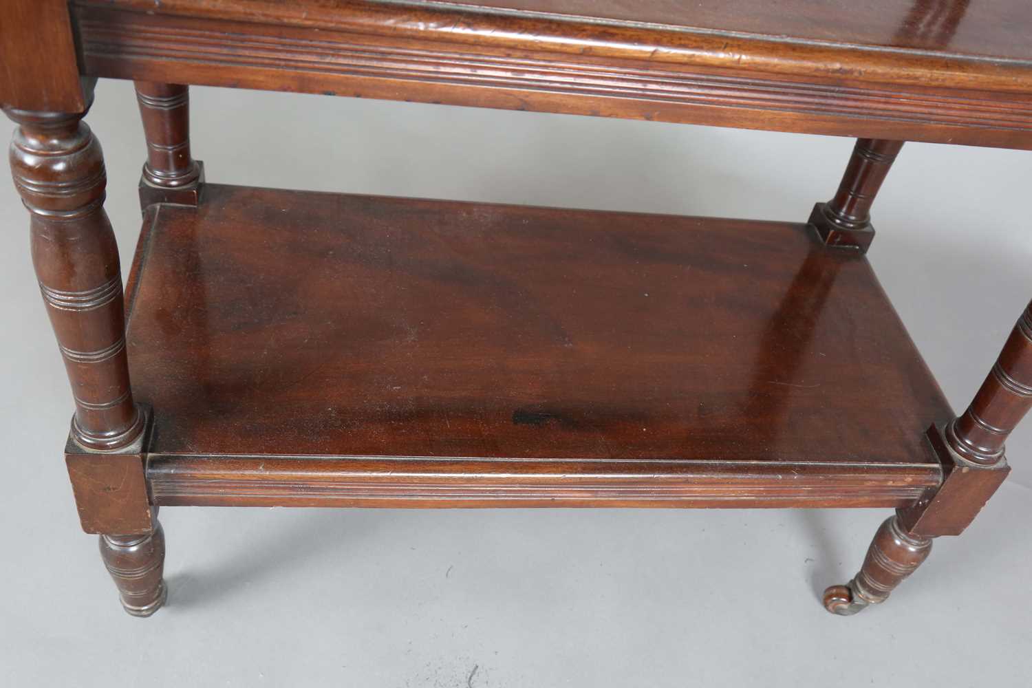 A late Victorian mahogany three-tier whatnot with ring turned legs and castors, height 92cm, width - Image 4 of 9