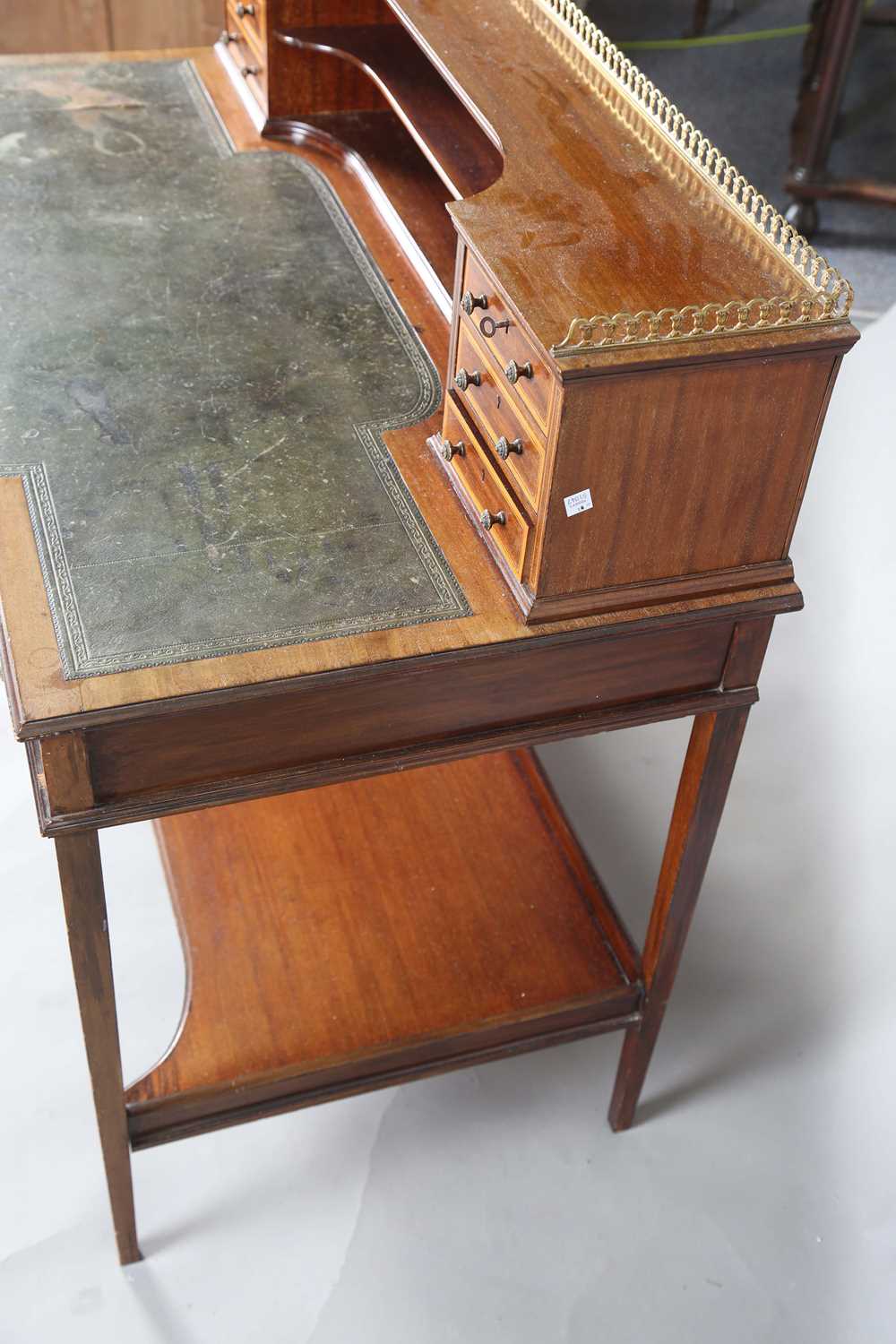 An Edwardian mahogany and satinwood crossbanded writing table, the frieze back fitted with - Image 11 of 11