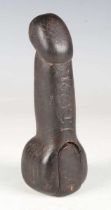 A rare late 18th century hardwood novelty snuff box, modelled as a phallus, inscribed to shaft 'J.T.